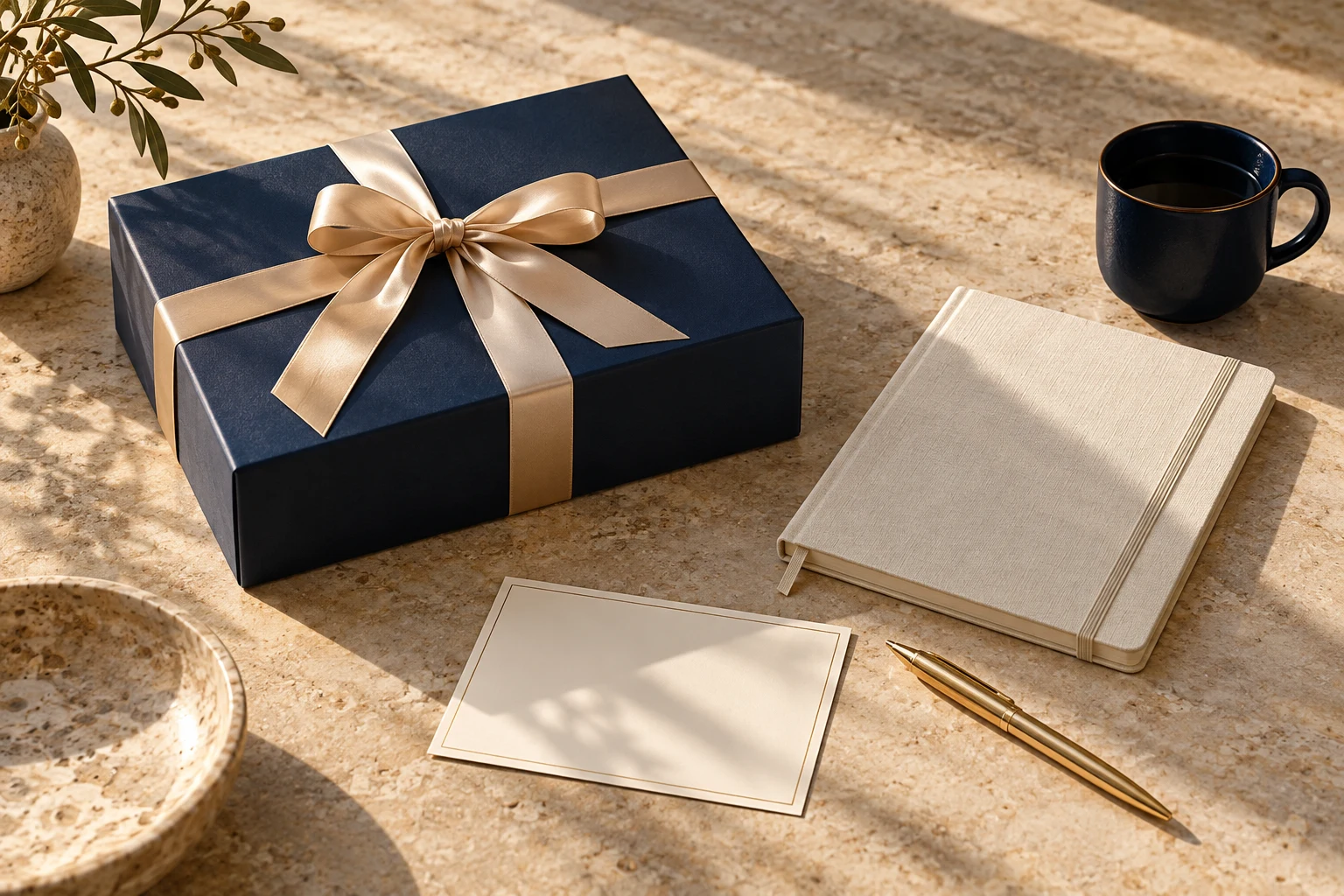 Illustrative gift concept with considered stationery, drinkware and presentation